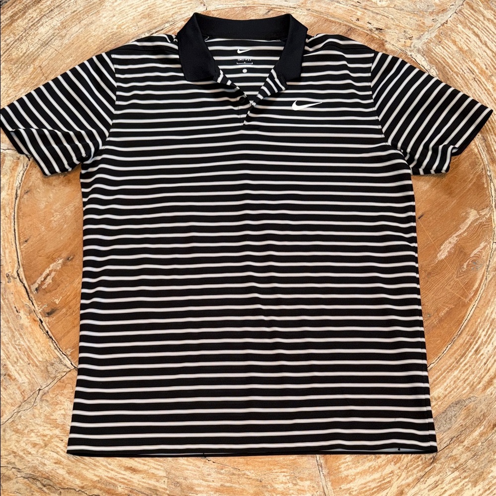 NIKE Dri-FIT Black White Striped Polo Shirt Gray Accent Size L